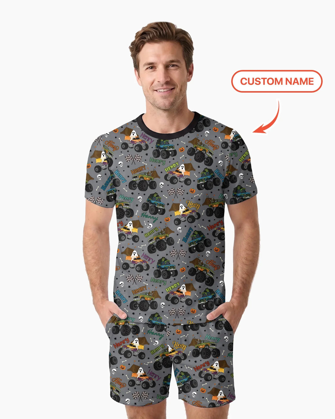 Custom Name Halloween Creepy Crusher Family Matching Bamboo Men Short Sleeve Short Pajama Set