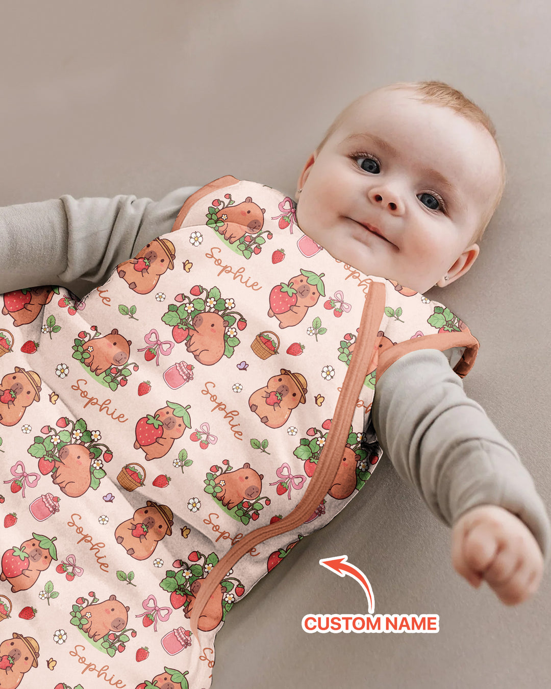 Custom Name Capybara Strawberry Bamboo Sleep Bag