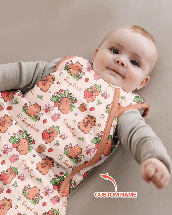 Custom Name Capybara Strawberry Bamboo Sleep Bag