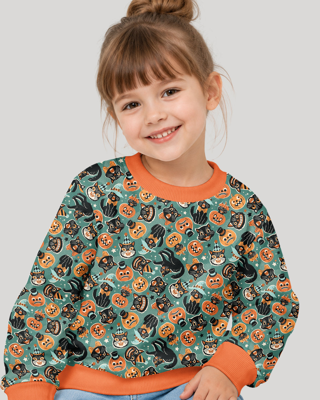 Retro Black Cat Witch Pumpkin Halloween Bamboo Crewneck Sweatshirt
