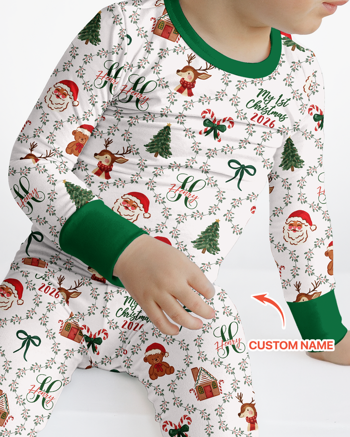 Custom name "Fancy Monogram Green Christmas 2026" Bamboo Two Piece Long Sleeve Pajama Set
