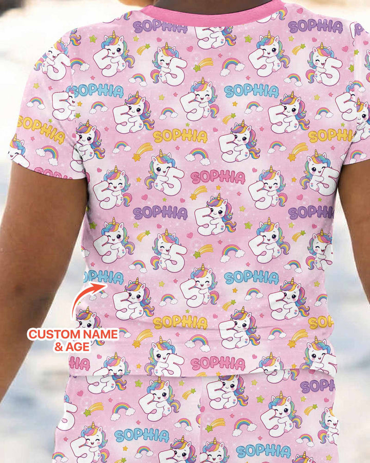 Custom Name Kawaii Unicorn Birthday Bamboo Two Piece Short Sleeve Pajama Set