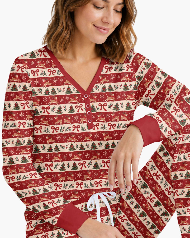 Vintage Reindeer Christmas Stripes Bamboo Women Pajama Set