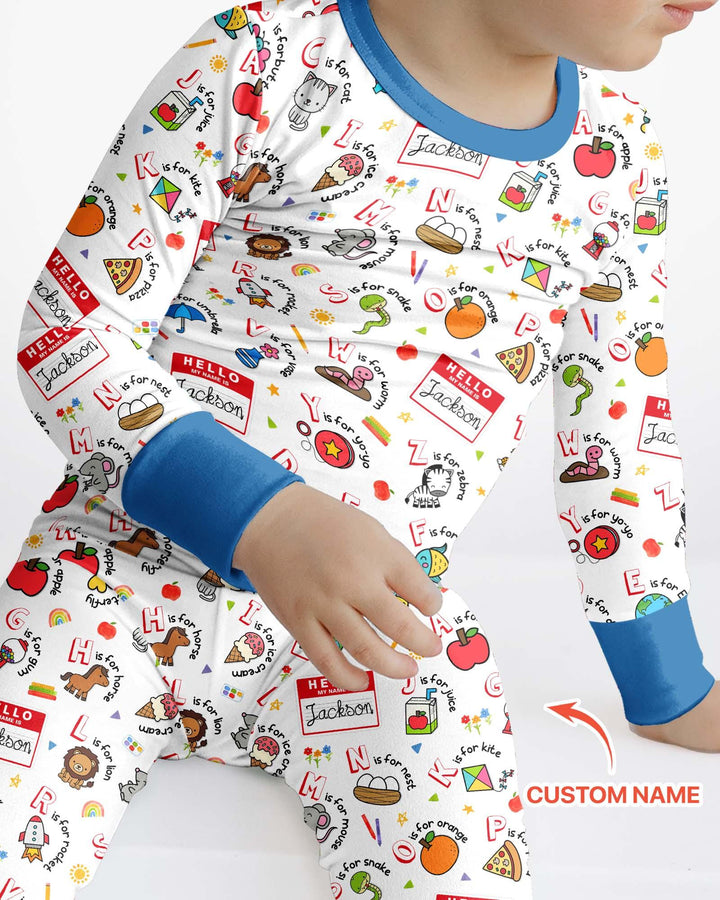 Custom Name Hello School ABCs Bamboo Two Piece Long Sleeve Pajama Set