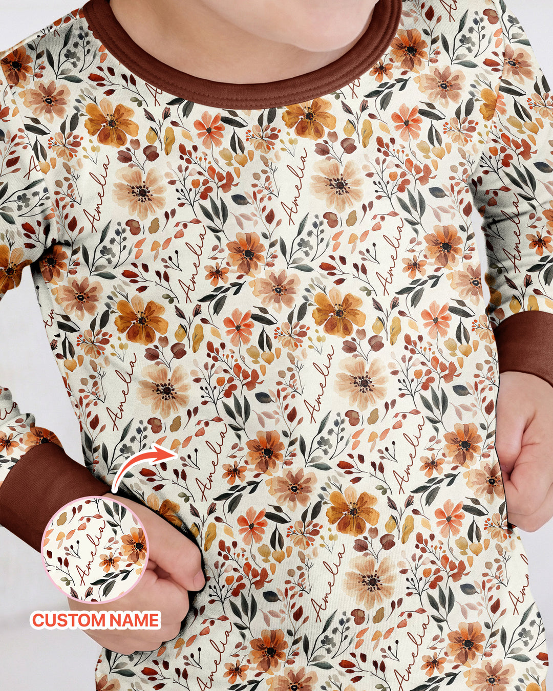 Custom Name Fall Flower Bamboo Two Piece Long Sleeve Pajama Set