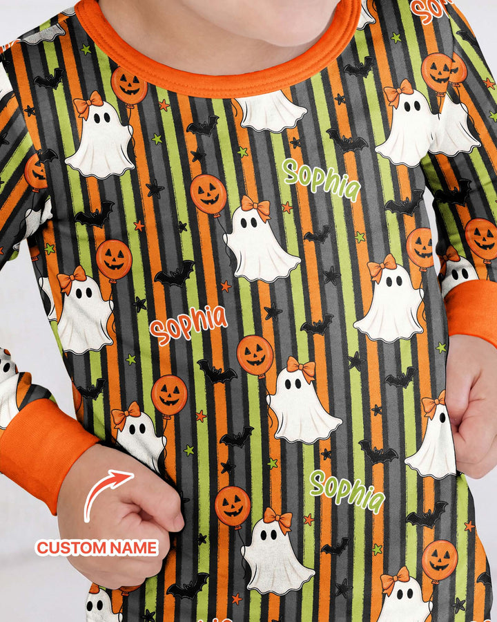 Custom Name Ghost Holding Balloon Bamboo Two Piece Long Sleeve Pajama Set