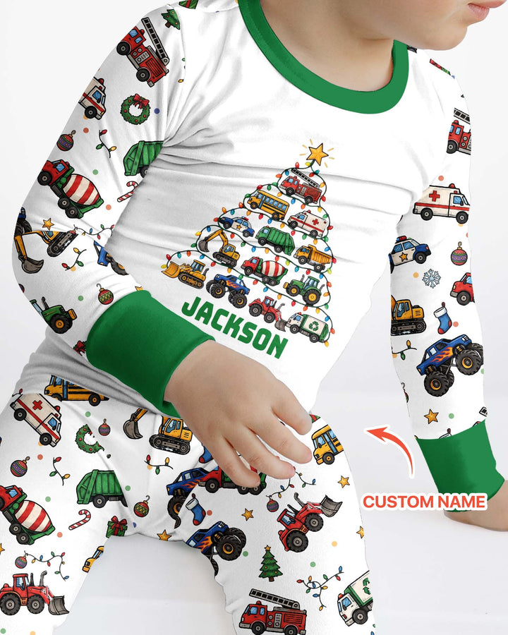 Custom Name Little Trucks Christmas Tree Bamboo Two Piece Long Sleeve Pajama Set