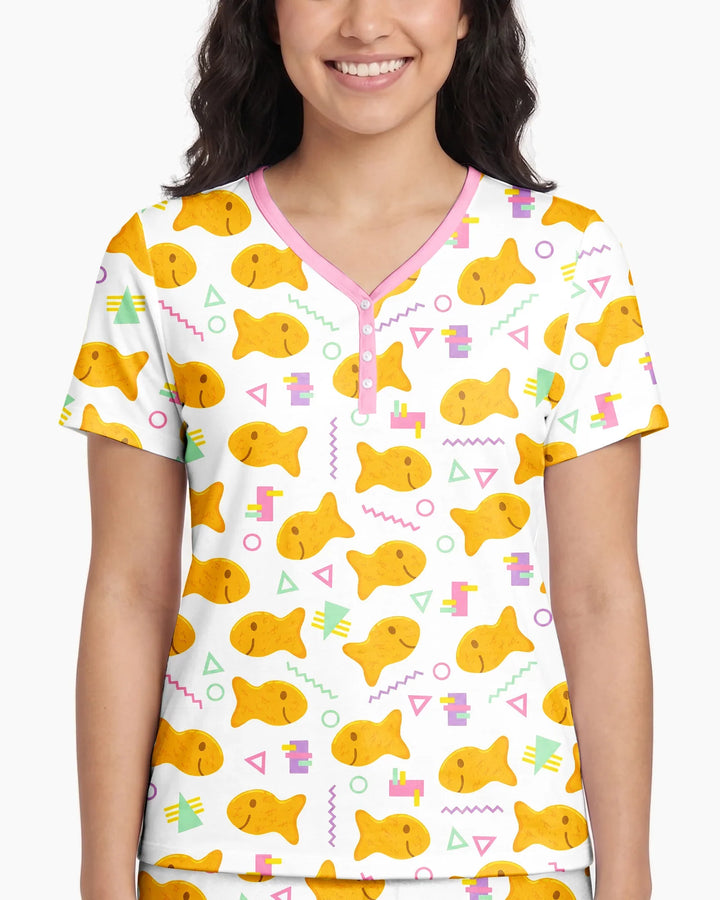 Cheesy Fishies Family Matching Bamboo Women Short Sleeve Short Pajama Set