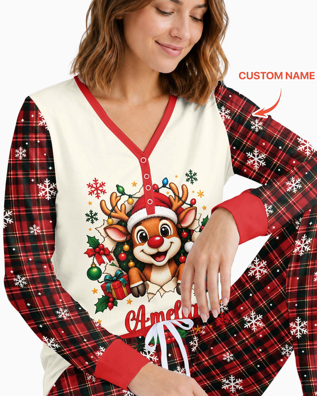 Cute Reindeer in Santa Hat Bamboo Women Pajama Set