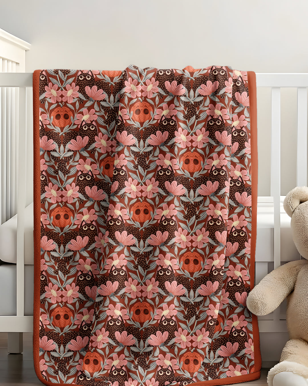 Spooky Owl Pumpkin Folk Floral Halloween Bamboo Blanket