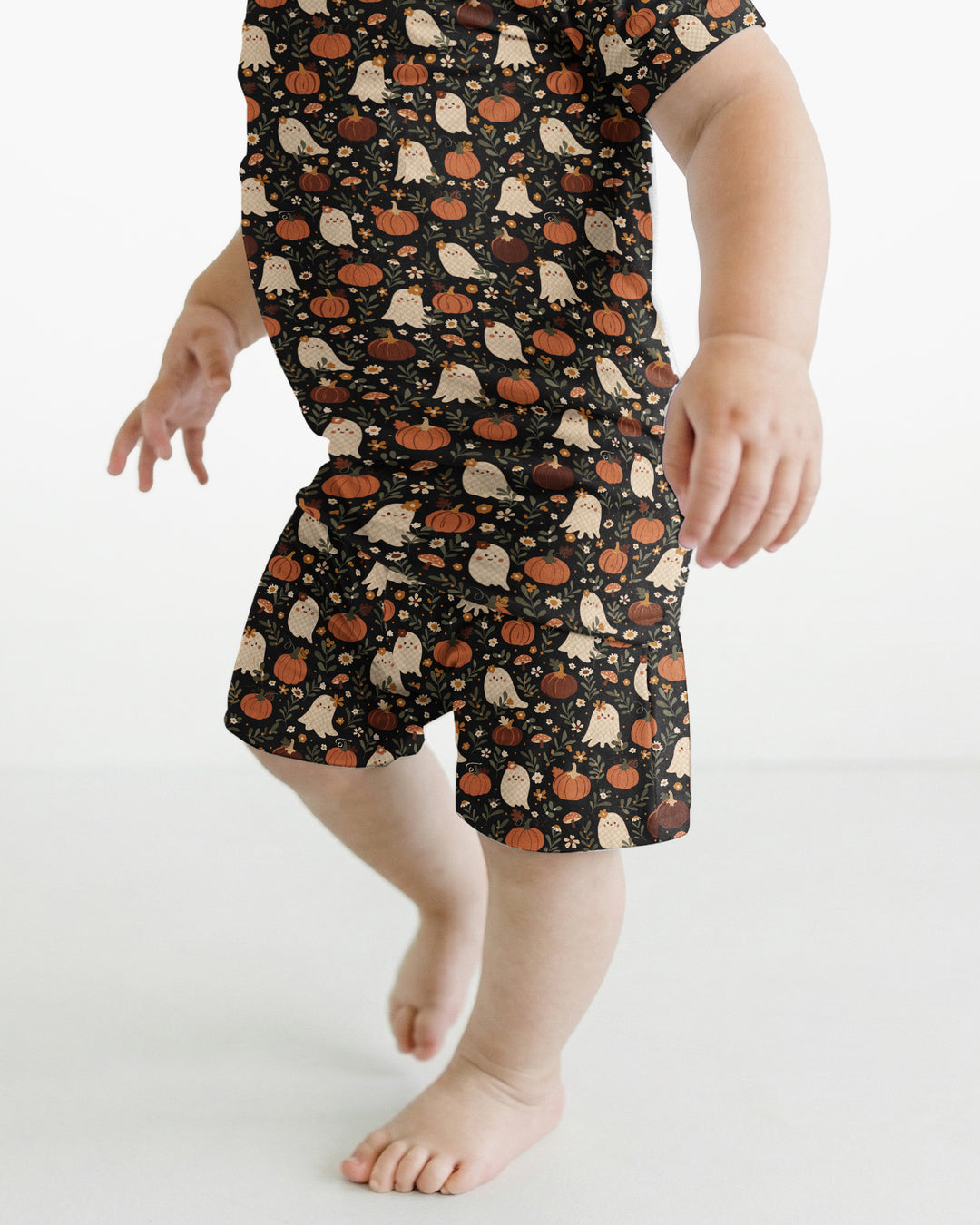 Ghost Pumpkin Harvest Floral Halloween Bamboo Two Piece Short Sleeve Shorts Pajama Set