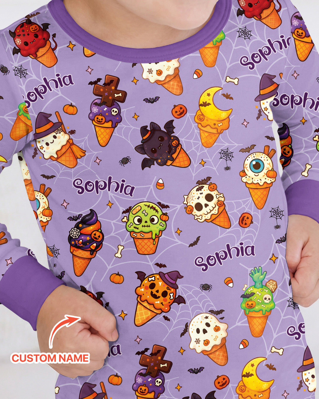 Custom Name Halloween Ice Cream Bamboo Two Piece Long Sleeve Pajama Set