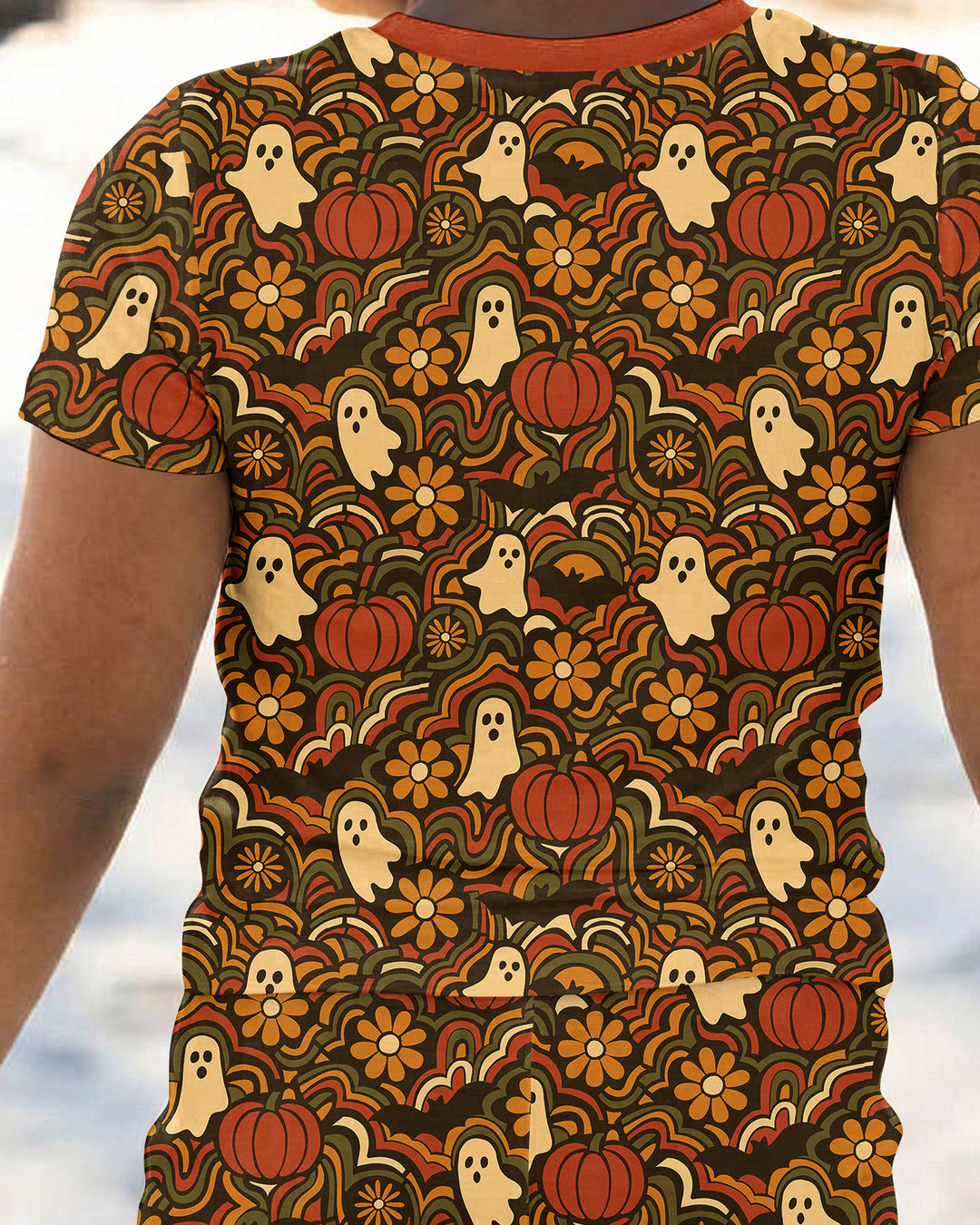 Retro Halloween Ghost Pumpkin Floral Bamboo Two Piece Short Sleeve Pajama Set