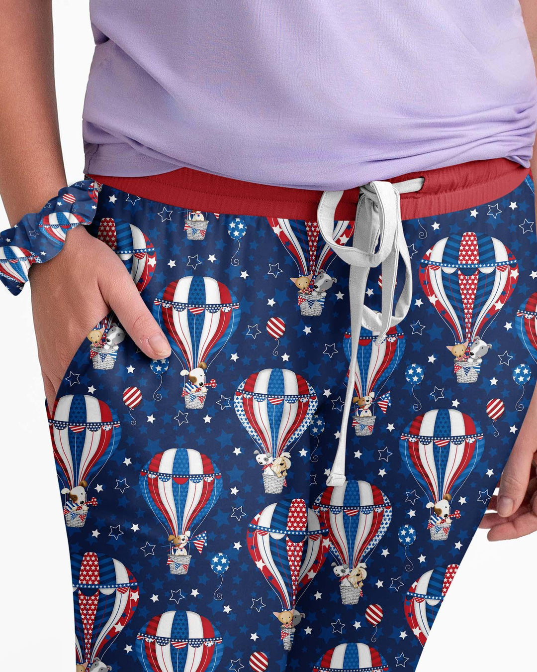 Conjunto de pijama de bambú para mujer a juego con la familia, diseño de cachorros patrióticos en globos aerostáticos