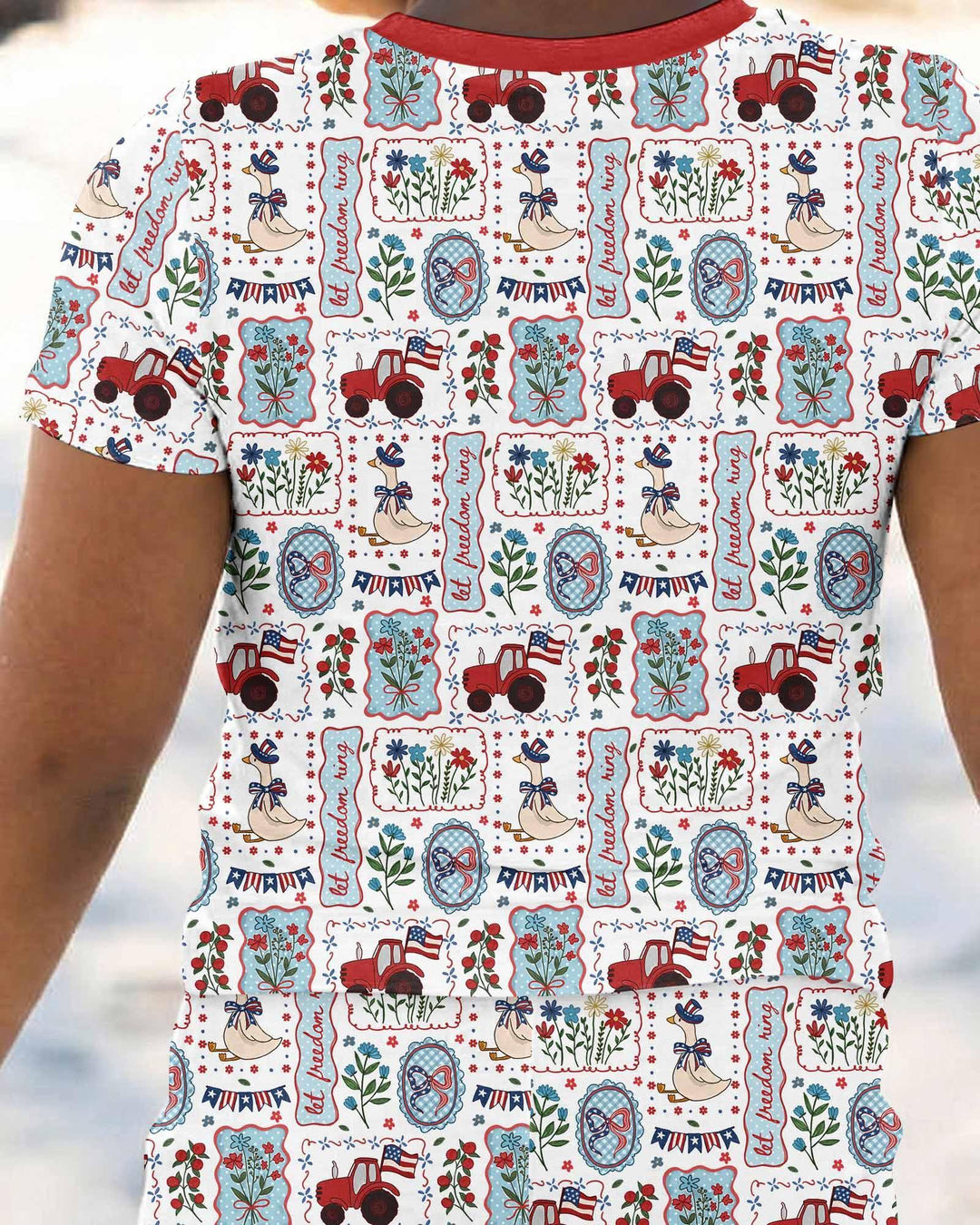 Pijama de dos piezas de bambú de manga corta a juego para la familia, diseño de ganso tonto, estilo patriótico de EE. UU.
