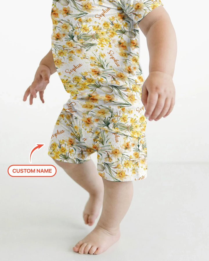 Custom Name Birth Month Flowers Bamboo Two Piece Short Sleeve Shorts Pajama Set