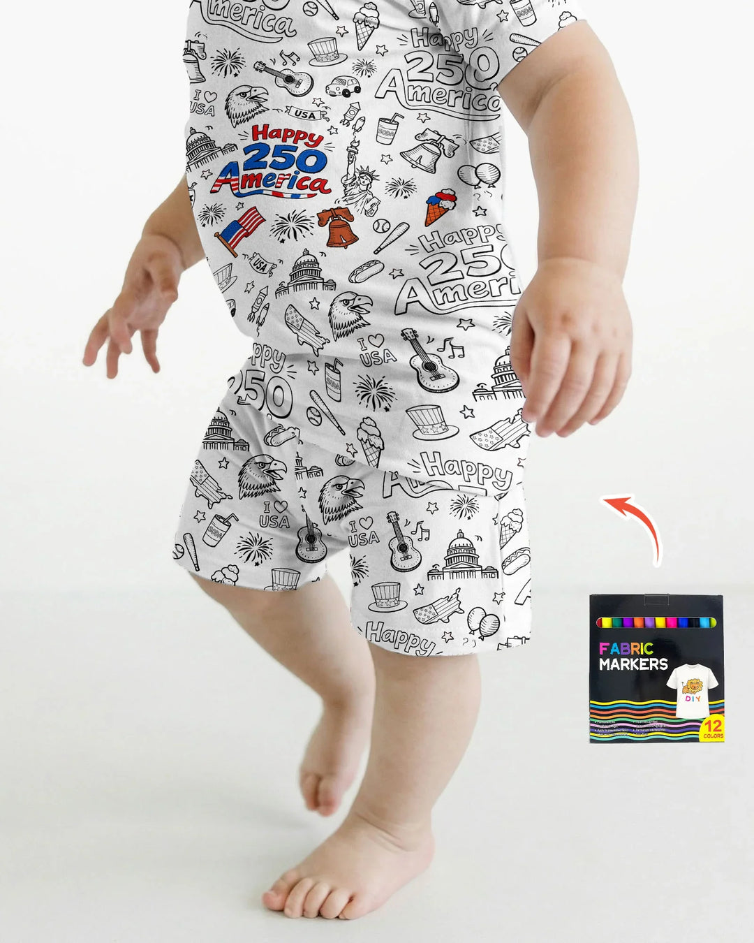 All Colorable Happy 250 America I love USA Bamboo Two Piece Short Sleeve Shorts Pajama Set