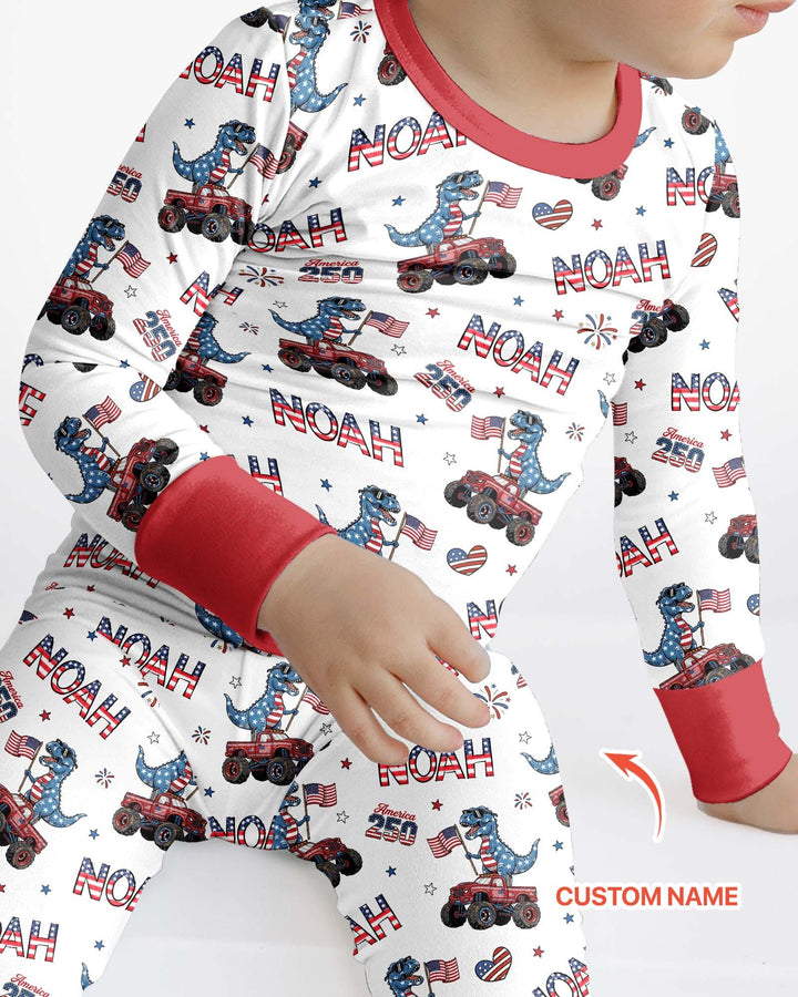 Custom Name American Flag Dinosaur Bamboo Two Piece Long Sleeve Pajama Set