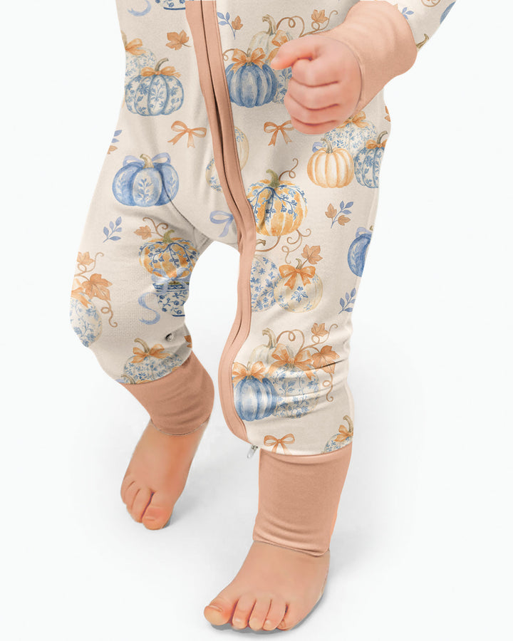 Preppy Blue and Orange Chinoiserie Pumpkin Bamboo Convertible Zippy