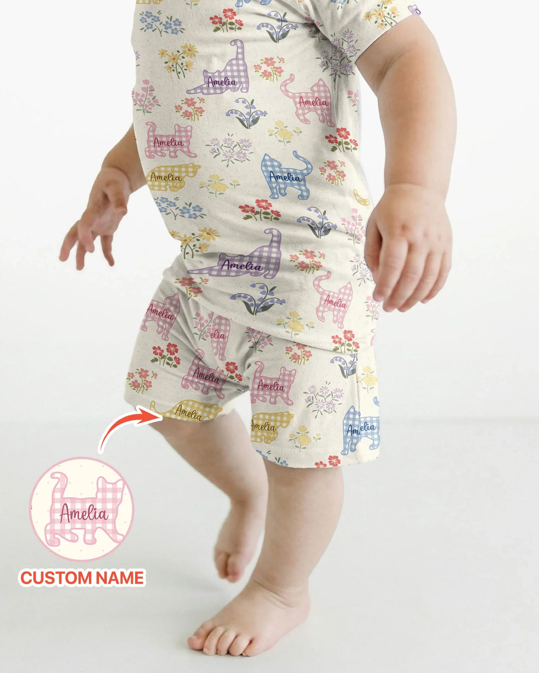 Gingham Cats Custom Name Bamboo Two Piece Short Sleeve Shorts Pajama Set