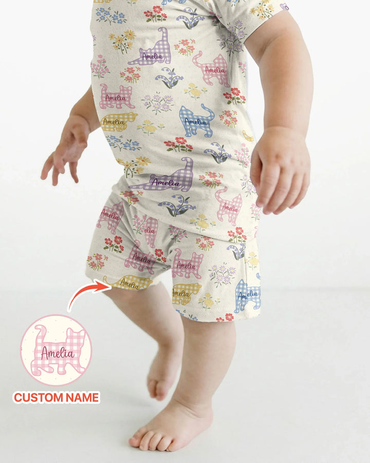Gingham Cats Custom Name Bamboo Two Piece Short Sleeve Shorts Pajama Set