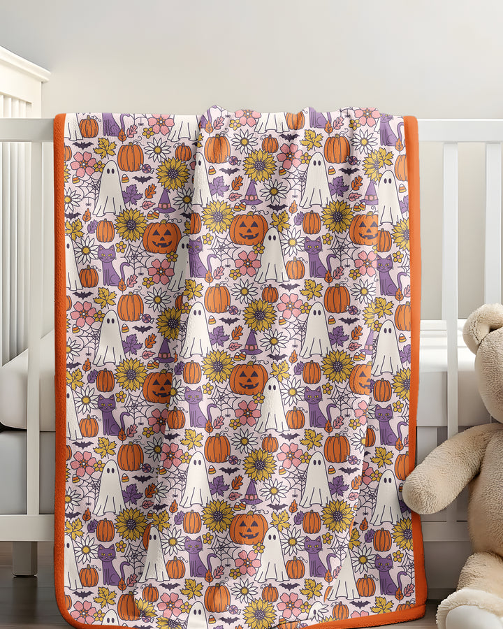 Ghost Pumpkin Fall Floral Halloween Bamboo Blanket