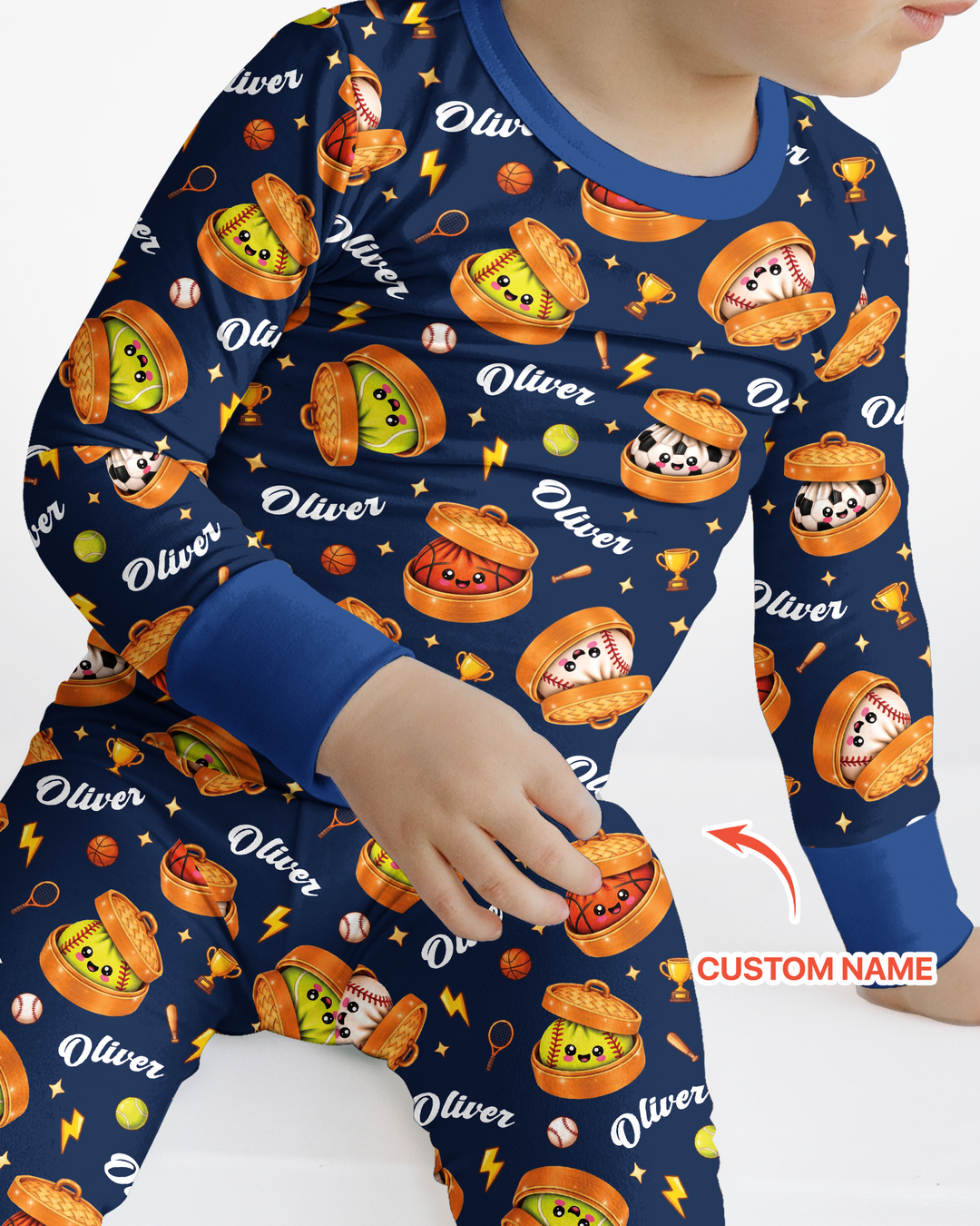 Custom Name Sports Dumpling Bamboo Two Piece Long Sleeve Pajama Set