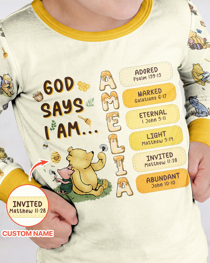 Personalized God Says I Am – Beloved Bear Bamboo Two Piece Long Sleeve Pajama Set