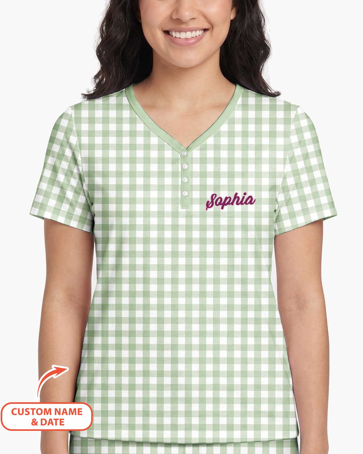 Embroidered Seersucker Bamboo Women Short Sleeve Short Pajama Set