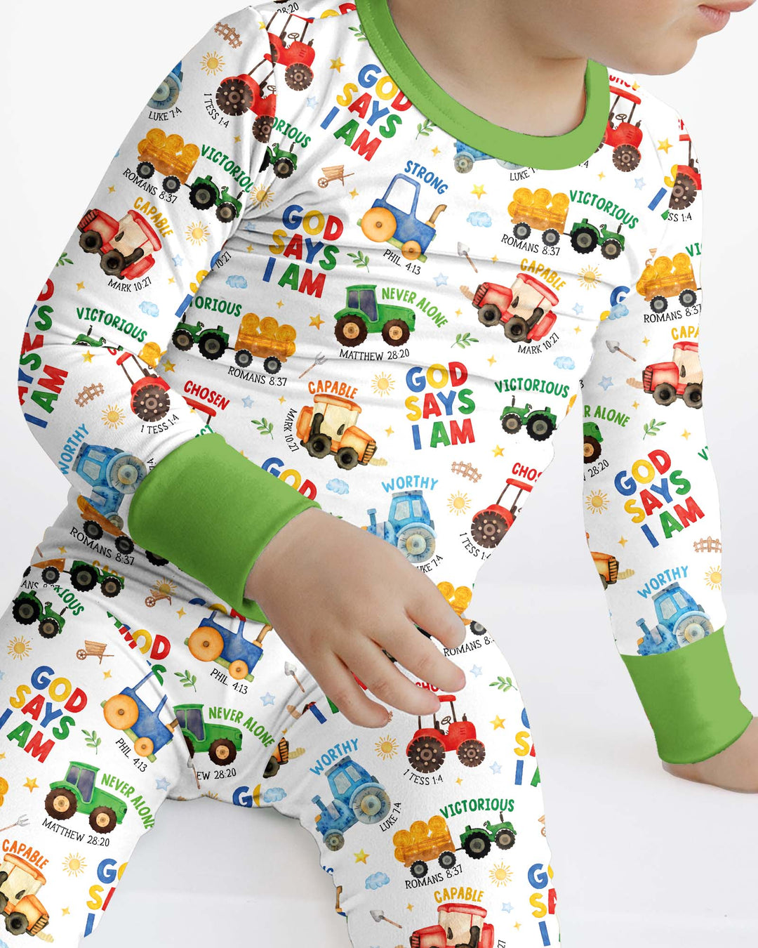 Farm Vehicles God Says I am Bamboo Two Piece Long Sleeve Pajama Set