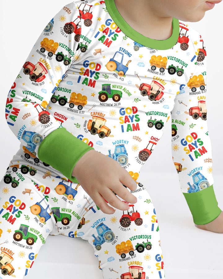 Farm Vehicles God Says I am Bamboo Two Piece Long Sleeve Pajama Set