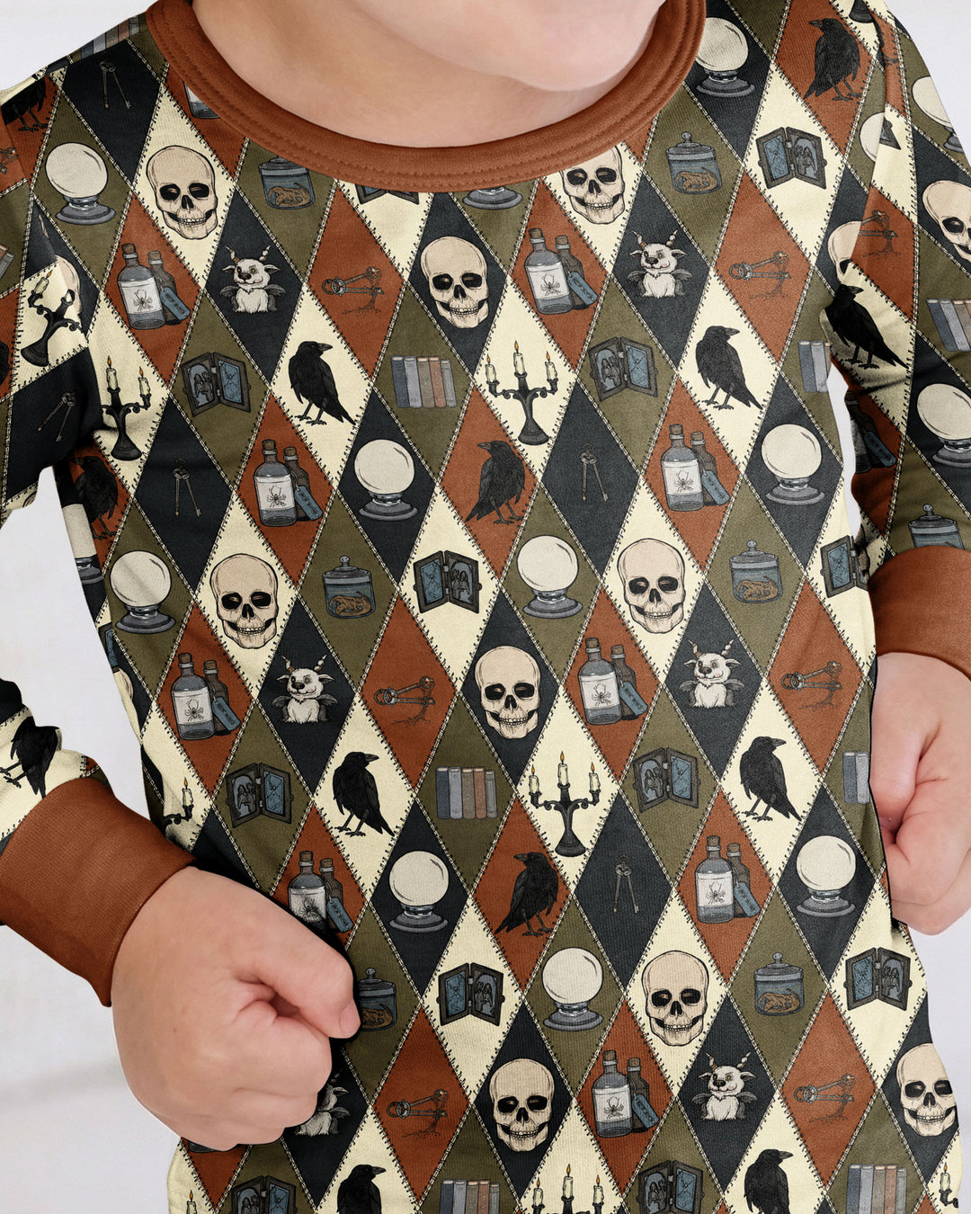 Retro Gothic Halloween Patchwork Bamboo Two Piece Long Sleeve Pajama Set