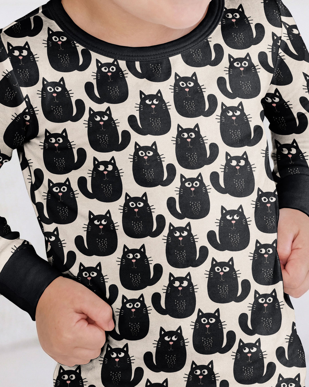 Moody Black Cats in Black and White Bamboo Two Piece Long Sleeve Pajama Set