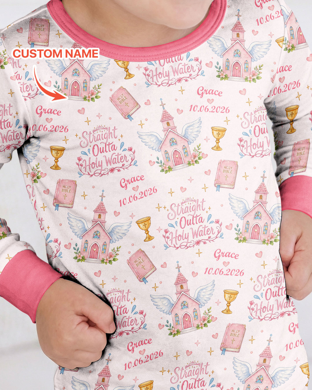 Custom Name Baptism Christening Straight Outta Holy Water Bamboo Two Piece Long Sleeve Pajama Set