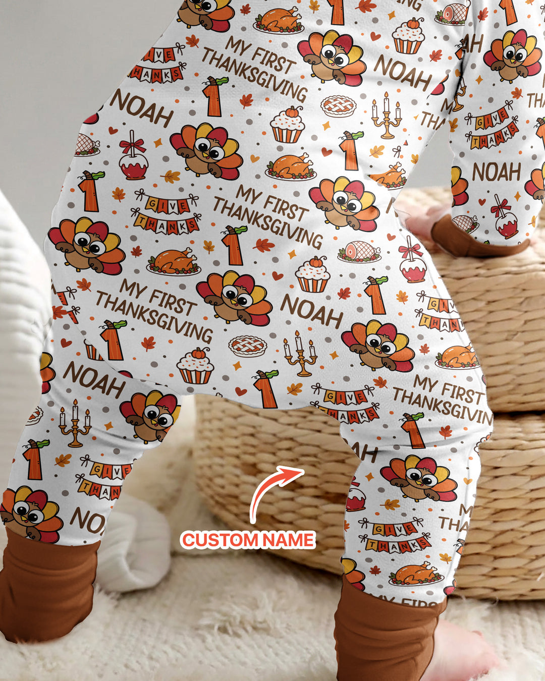 Custom Name Doodle Turkey My First Thanksgiving Bamboo Convertible Zippy