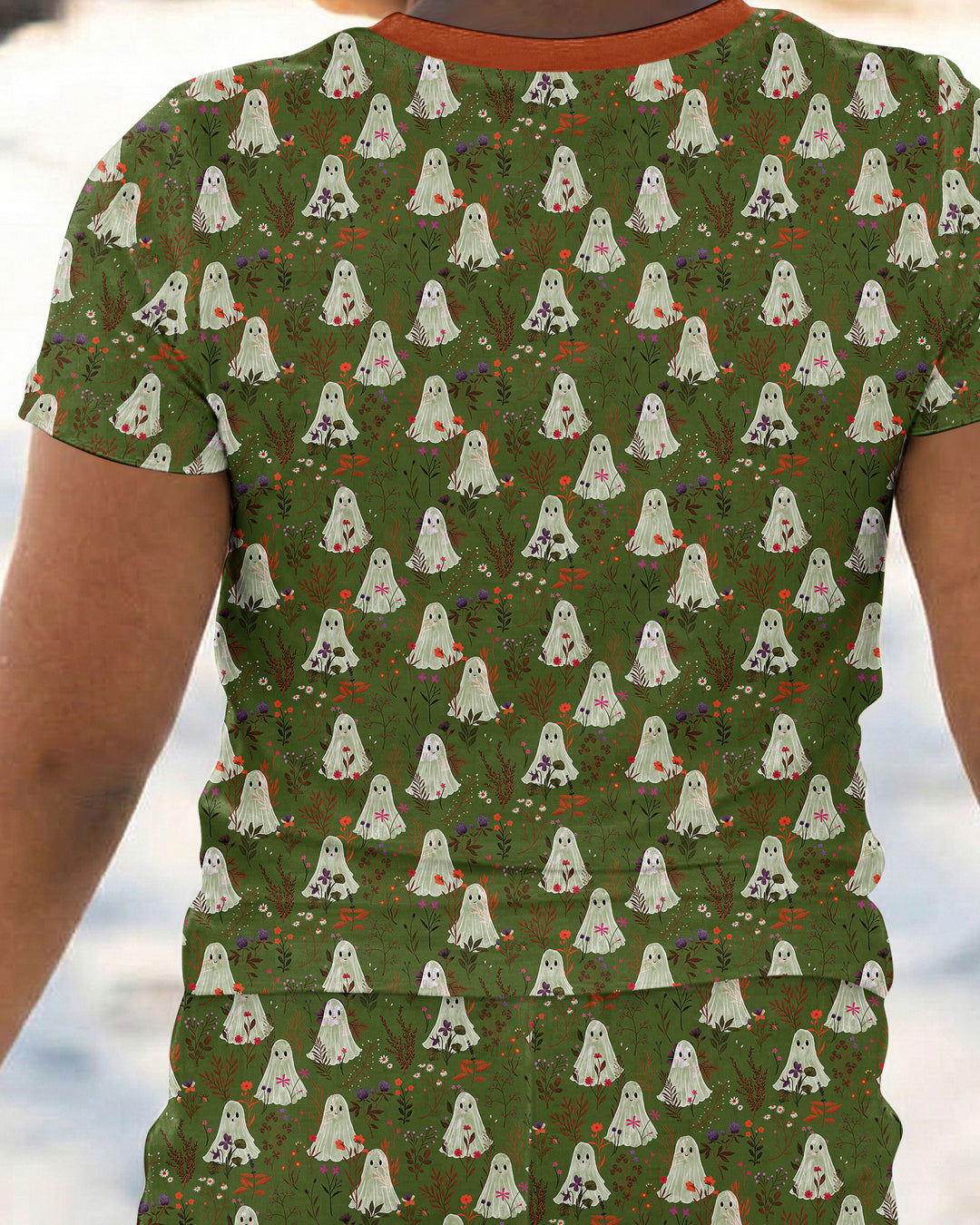 Cute Ghost Halloween Moss Green Floral Bamboo Two Piece Short Sleeve Pajama Set