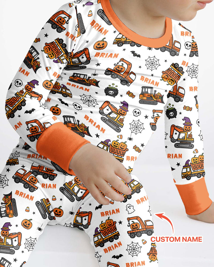 Custom Name Halloween Construction Trucks Bamboo Two Piece Long Sleeve Pajama Set