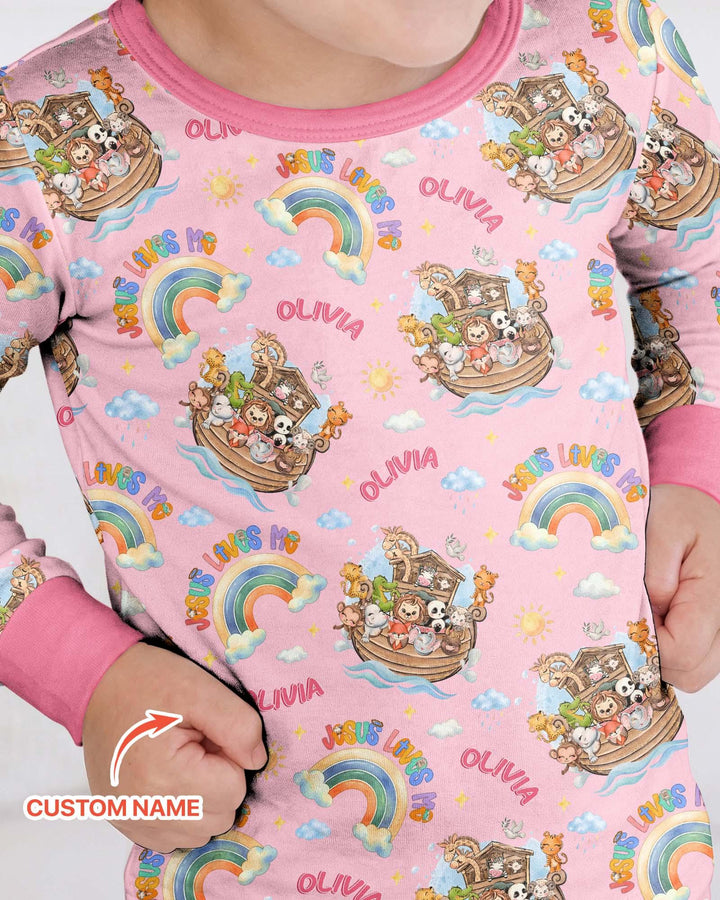 Custom Name Jesus Loves Me Noah's Ark Bamboo Two Piece Long Sleeve Pajama Set