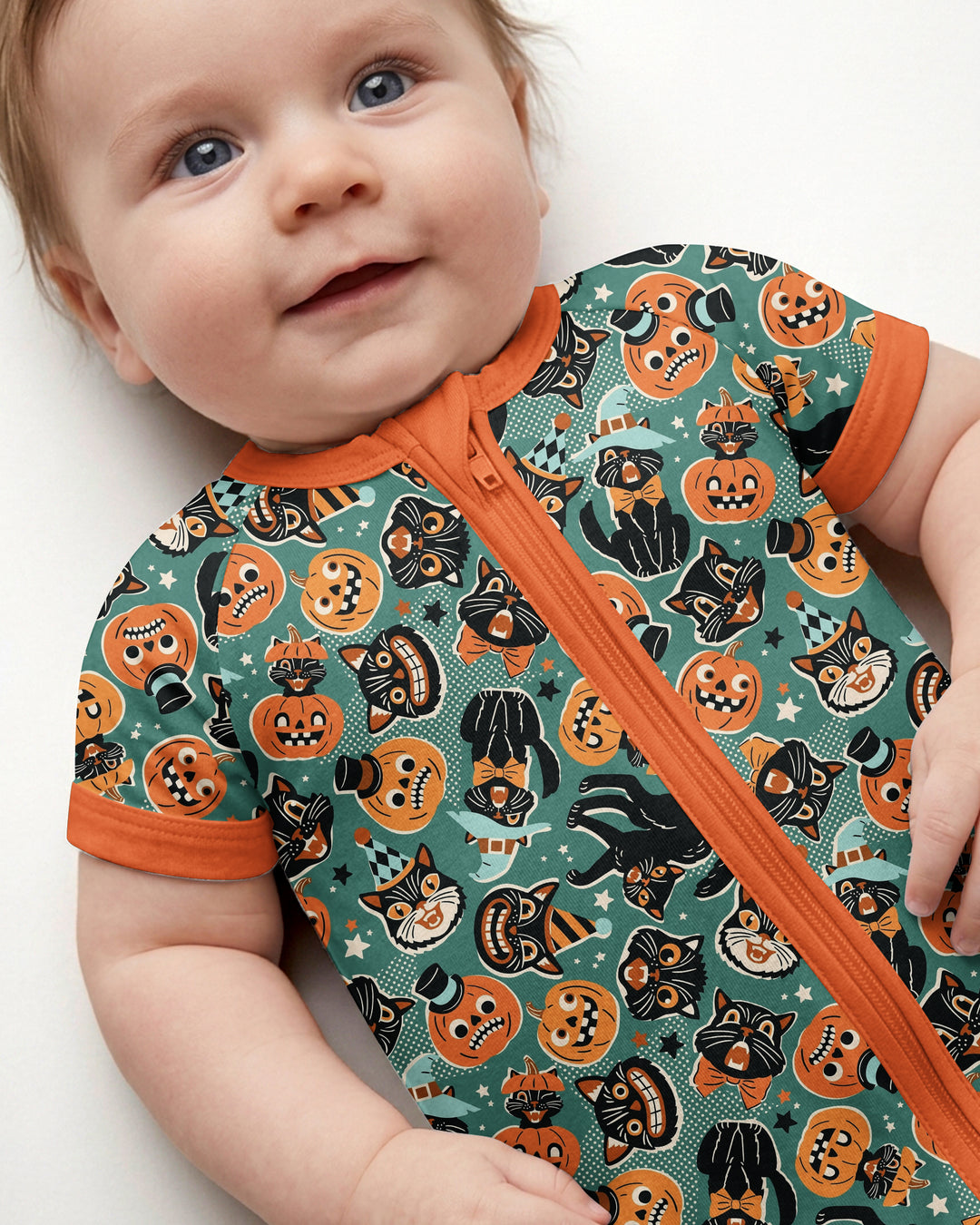 Retro Black Cat Witch Pumpkin Halloween Bamboo Shorty Zippy