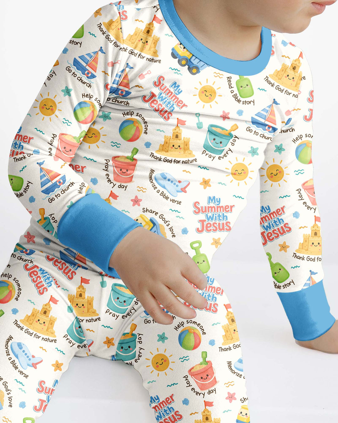 Colorful Summer Beach With Jesus Bamboo Two Piece Long Sleeve Pajama Set