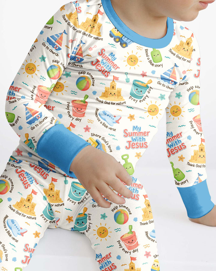 Colorful Summer Beach With Jesus Bamboo Two Piece Long Sleeve Pajama Set