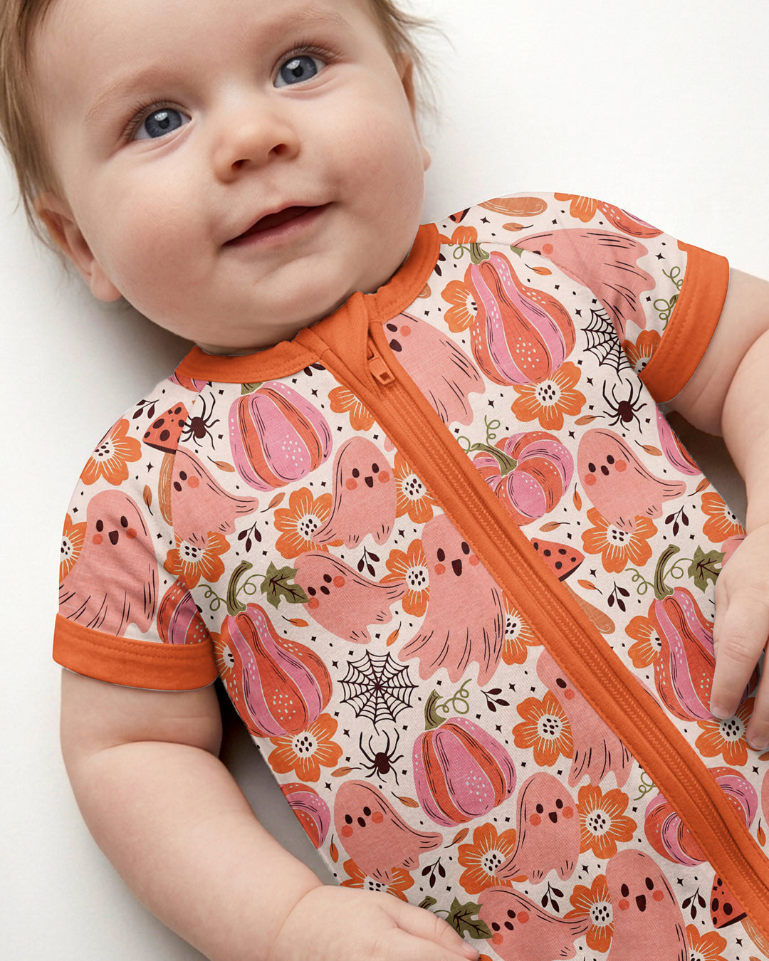 Pink Ghost Pumpkin Fall Floral Halloween Bamboo Shorty Zippy