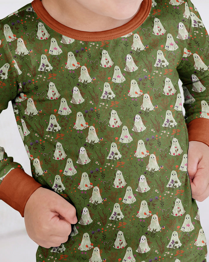 Cute Ghost Halloween Moss Green Floral Bamboo Two Piece Long Sleeve Pajama Set