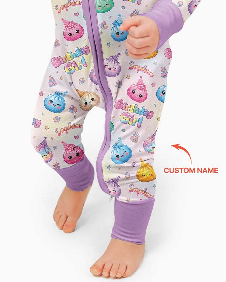 Custom Name Glitter Dumpling Birthday Girl Bamboo Convertible Zippy