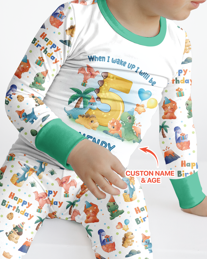 Custom Name When I Wake Up Birthday Dino Bamboo Two Piece Long Sleeve Pajama Set