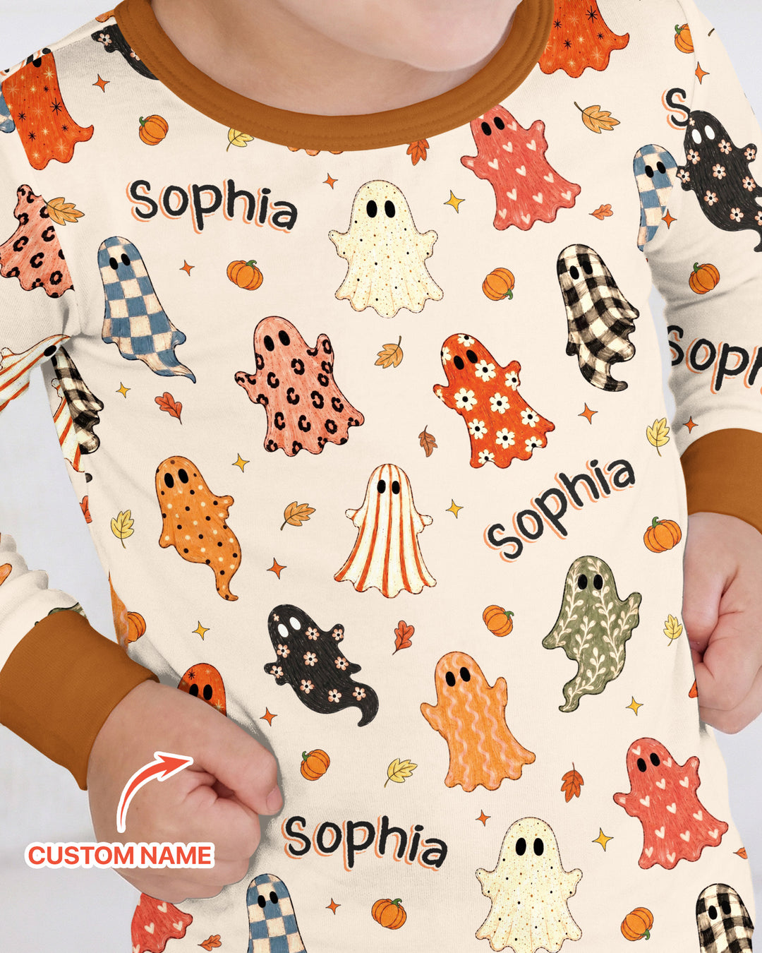 Custom Name Fall Ghost Bamboo Two Piece Long Sleeve Pajama Set
