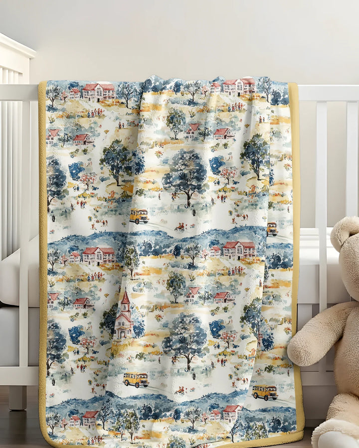 Whimsical Watercolor School Village Bamboo Blanket
