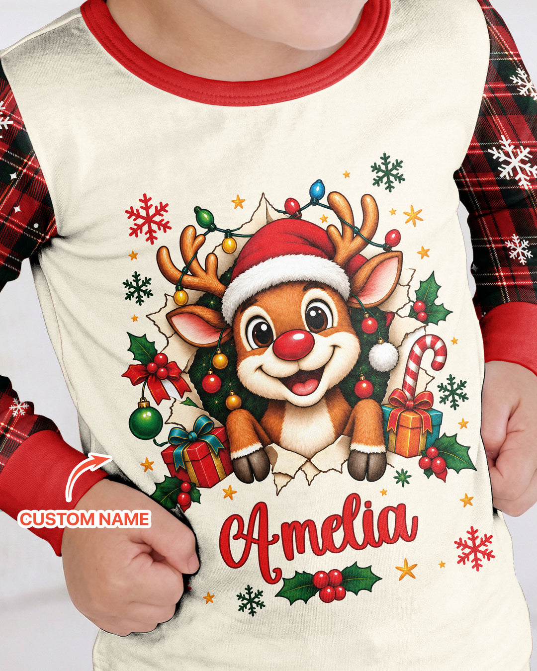 Cute Reindeer in Santa Hat Bamboo Two Piece Long Sleeve Pajama Set
