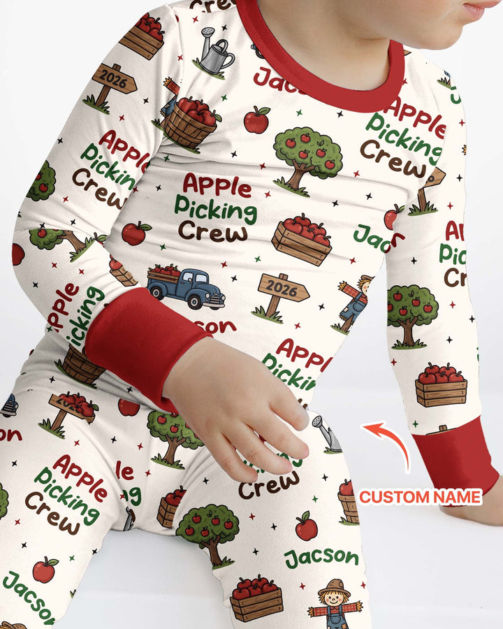 Custom Name Apple Picking Crew Bamboo Two Piece Long Sleeve Pajama Set
