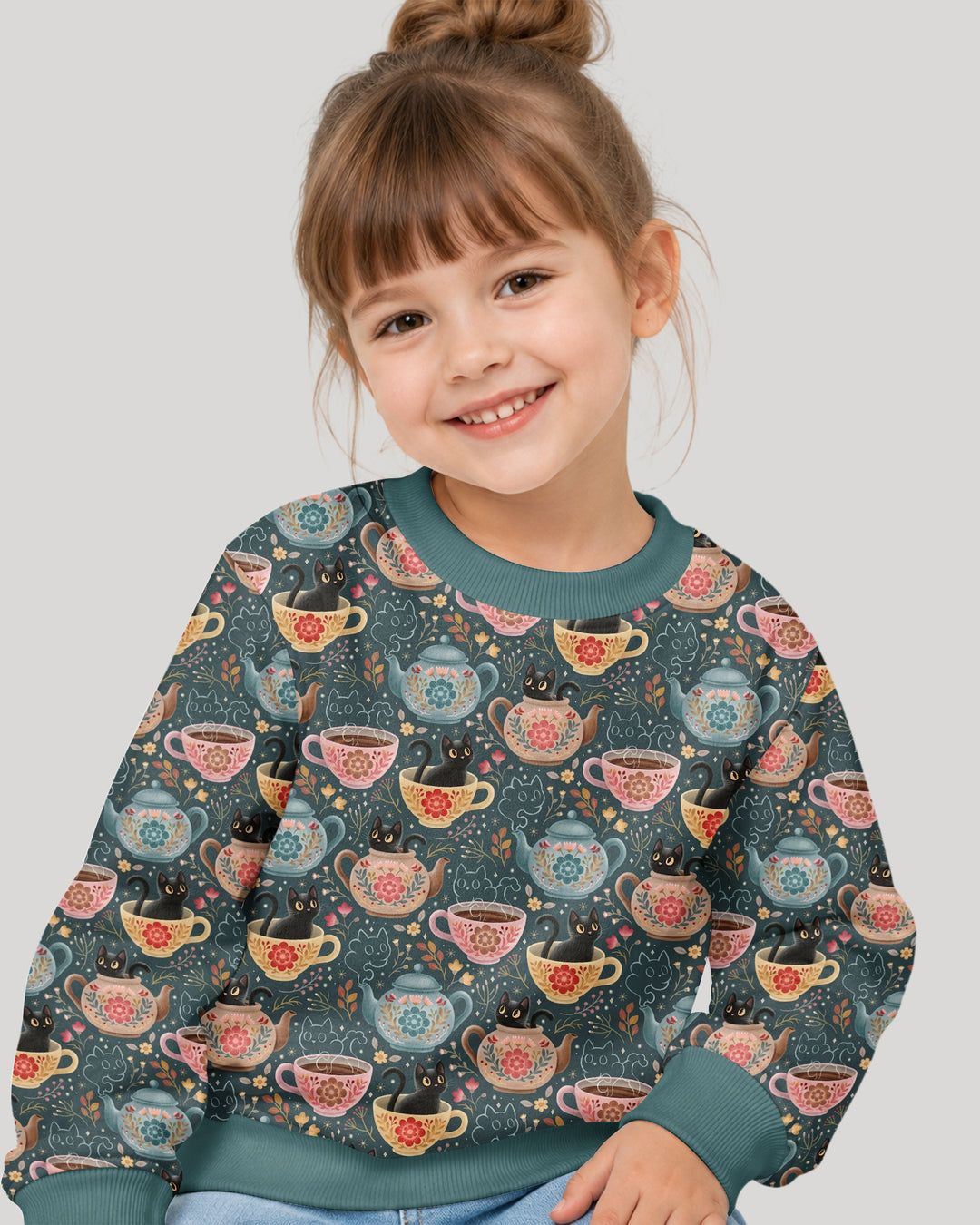 Folk Floral Black Cat Tea Party Bamboo Crewneck Sweatshirt